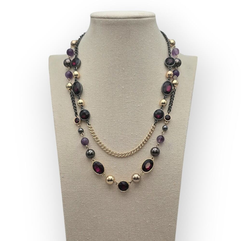 Garnet Amethyst Beaded Layered Necklace Gold Chain WHBM Modern Elegant